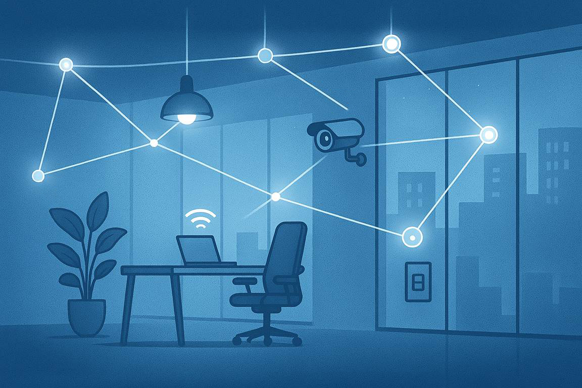 Smart Office mit PoE-Leuchten und Thin Clients an einem zentralen Switch (z. B. Symbolbild für energieeffiziente Zukunftsarbeitsplätze).