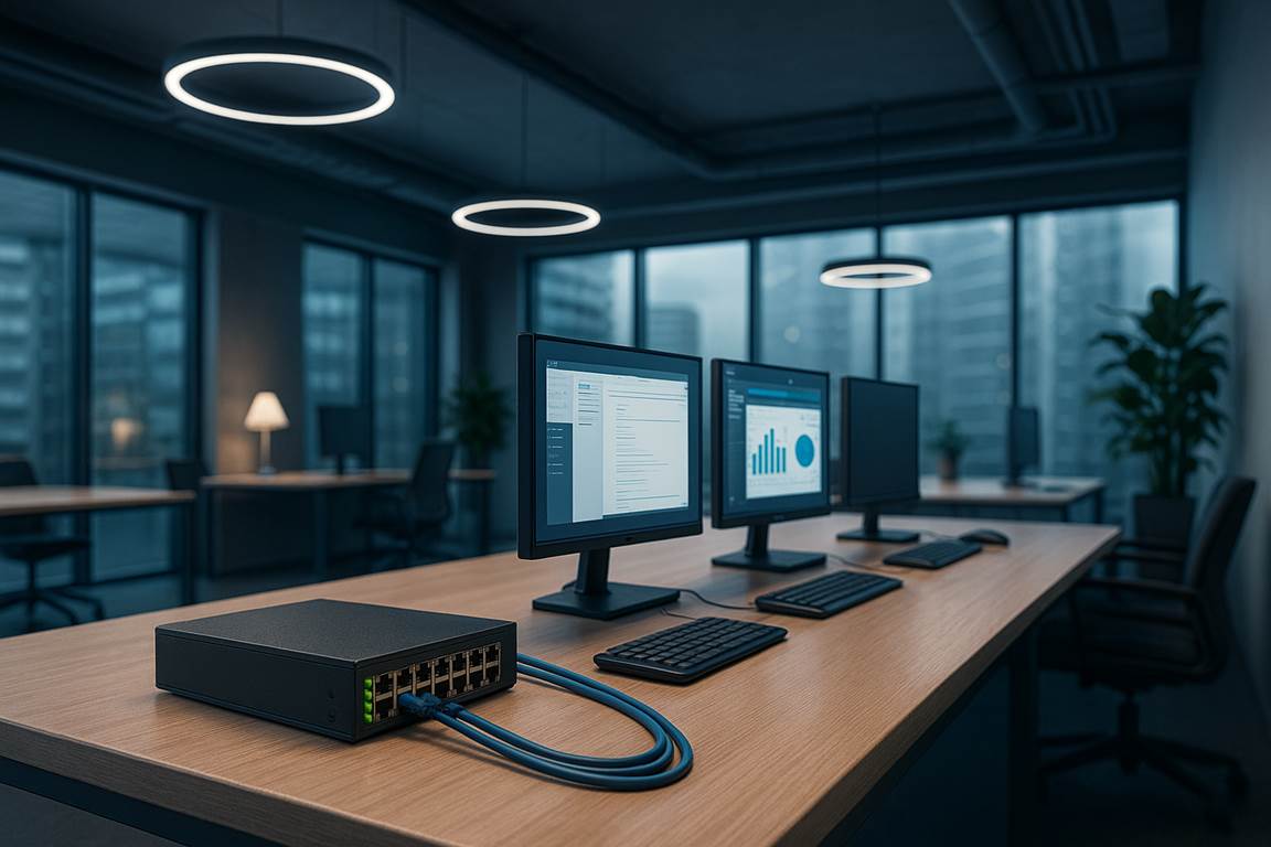 Smart Office mit PoE-Leuchten und Thin Clients an einem zentralen Switch (z. B. Symbolbild für energieeffiziente Zukunftsarbeitsplätze).